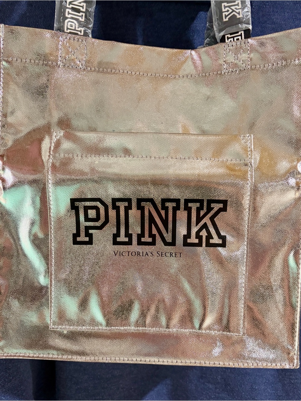 NWT Victoria’s Secret PINK Silver Metallic Chrome Small Tote Bag Front Pocket